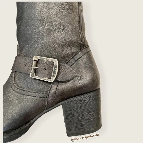 Frye Vera Slouch Grey Black Leather Block Heel Moto Knee High Tall Buckle Boot - Picture 10 of 13